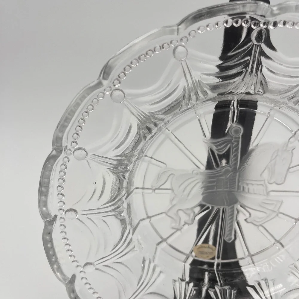 Vintage Clear Frosted Glass Carousel Horse Scalloped Beaded Bowl 8 inch